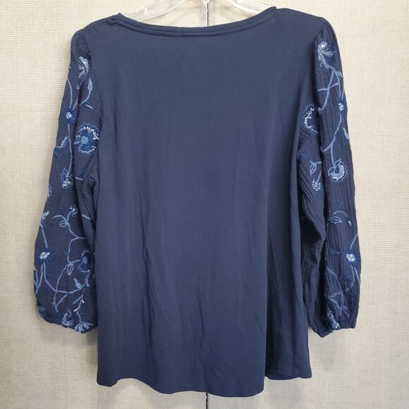 Chico’s Navy Cotton/Modal Floral Embroidered Balloon Sleeve Blouse Size 2 Large - Picture 4 of 6